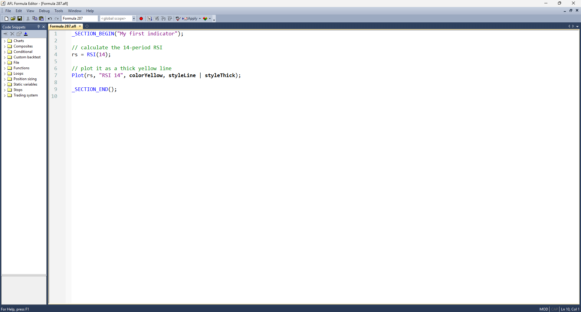 The Formula Editor with our first RSI indicator, ready to Apply