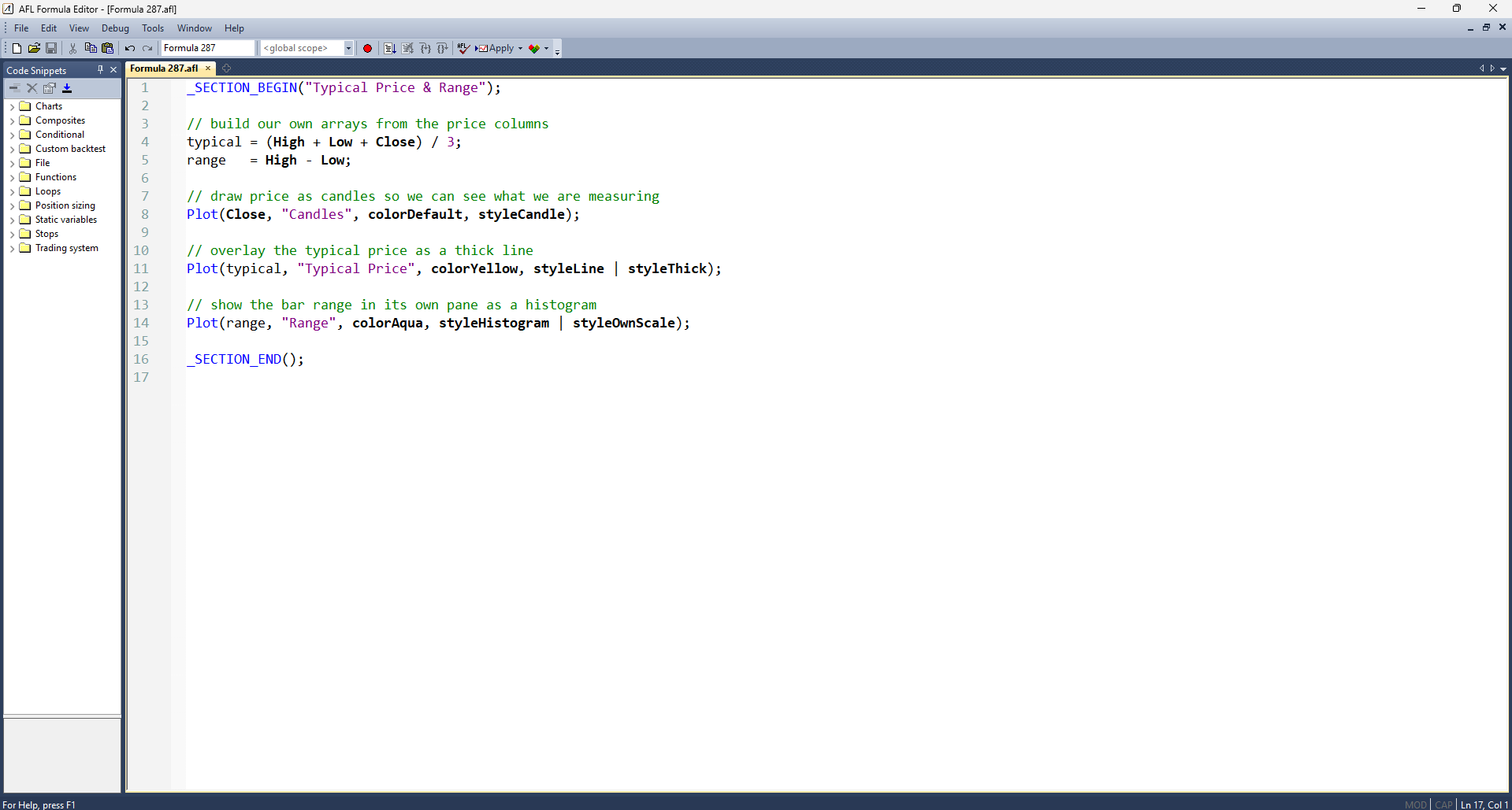 The typical-price formula in the editor, ready to Apply