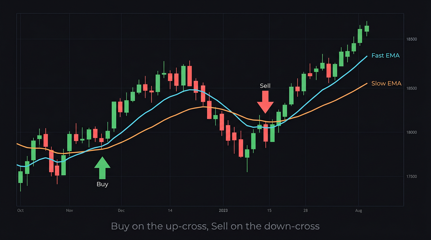NIFTY with fast and slow EMAs, green up-arrows on Buy bars and red down-arrows on Sell bars