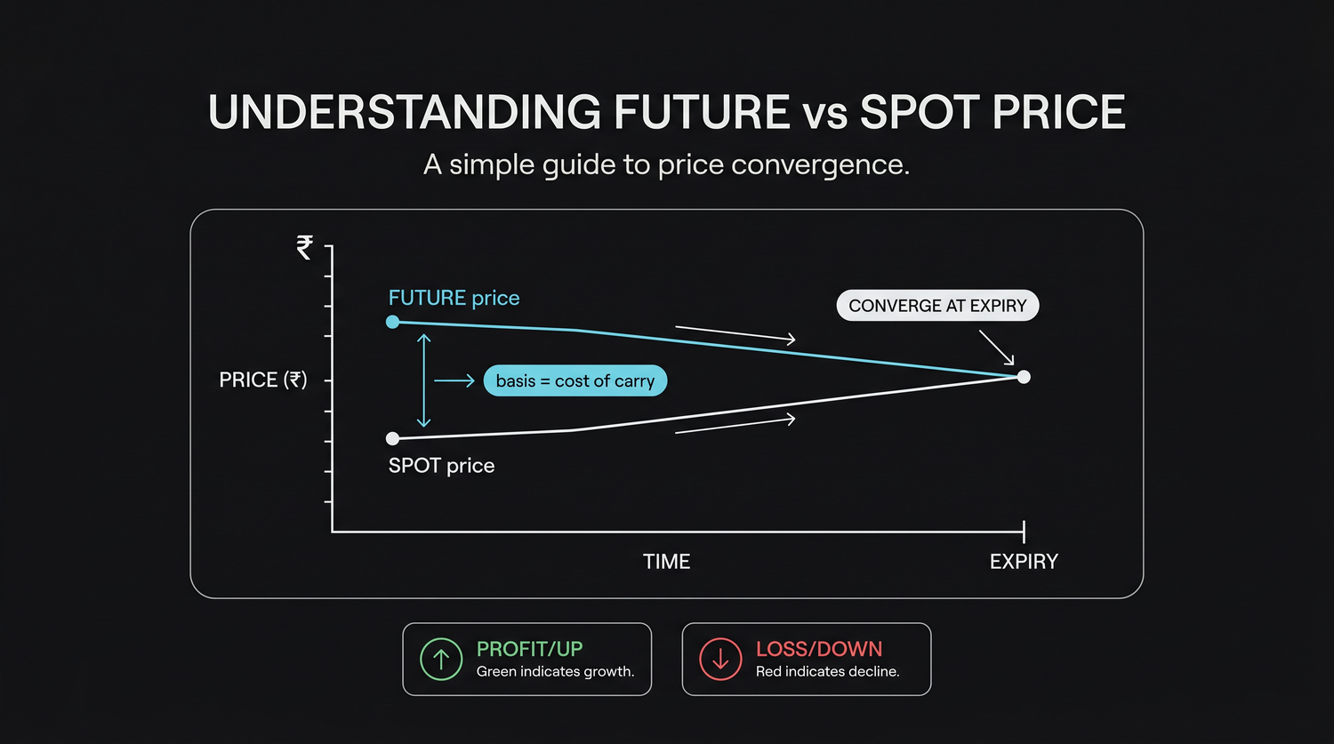 The futures price typically sits above spot, with the basis as the gap between the two lines, and that gap narrowing steadily until the two prices meet at expiry.
