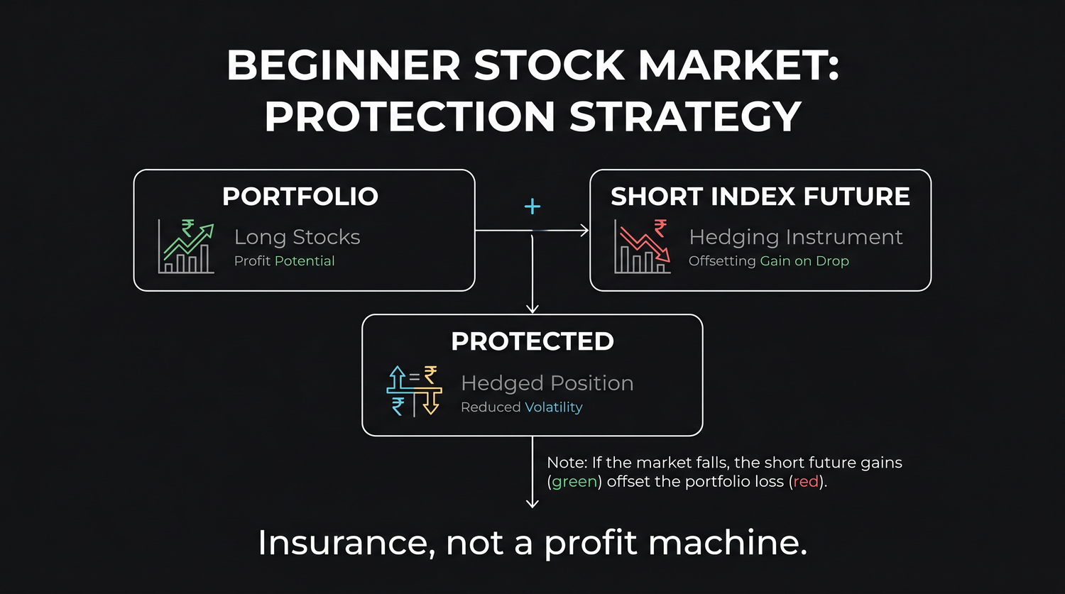 A portfolio of shares combined with a short index future produces a protected position: when the market falls, the loss on the shares is offset by the gain on the short future, steadying the total value.