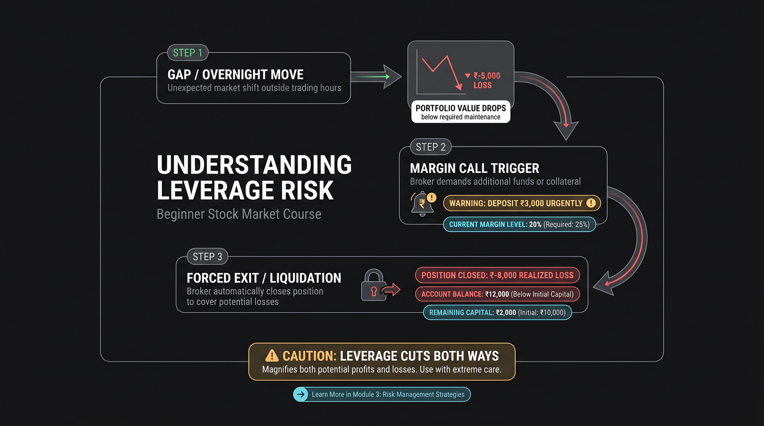 The leverage spiral: a loss magnified by leverage causes a margin shortfall, which triggers a margin call and a forced exit at a poor price, draining the account and leaving less capital to recover with.