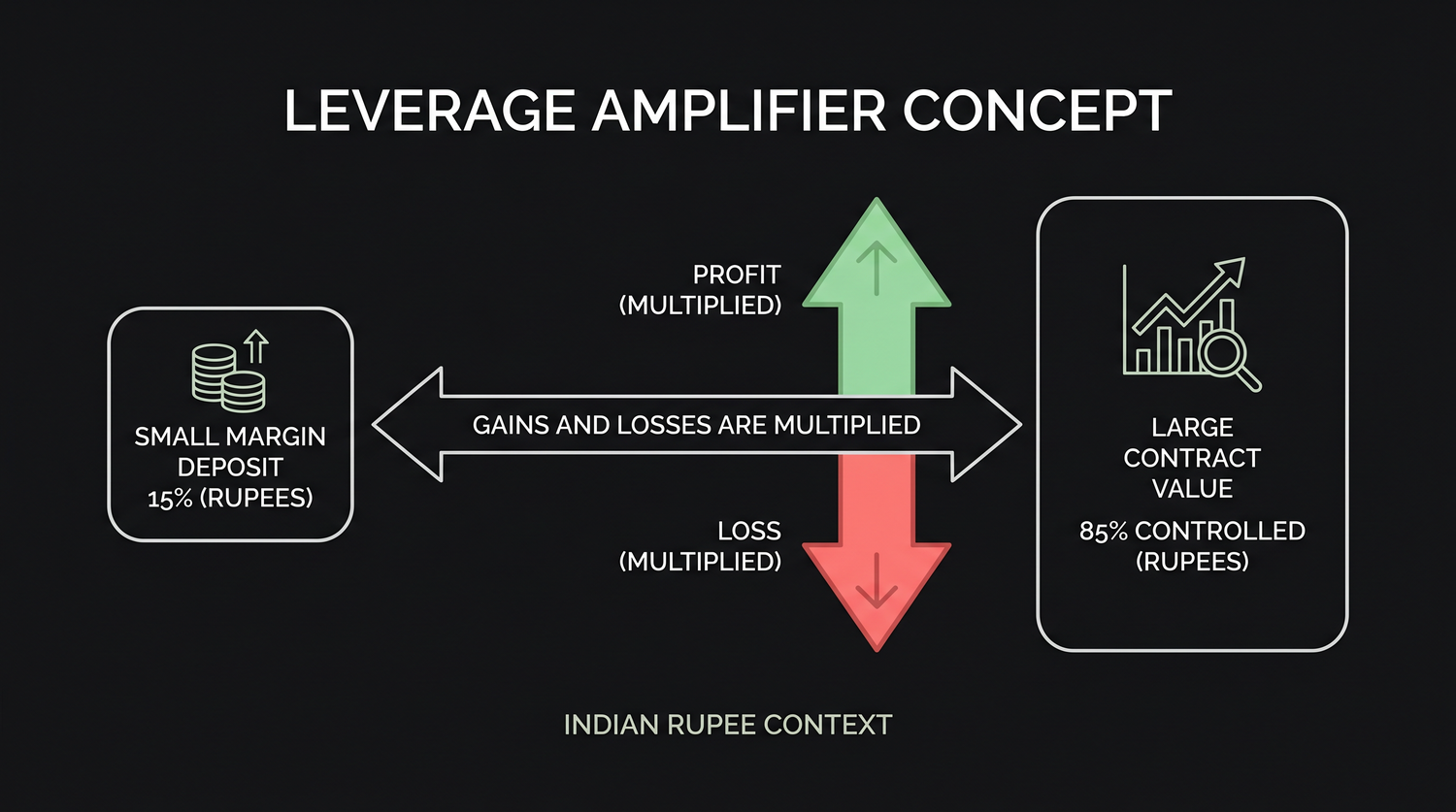 Leverage lets a small margin deposit control a much larger contract value, which magnifies both the gain and the loss from any move in the underlying by the same multiple.