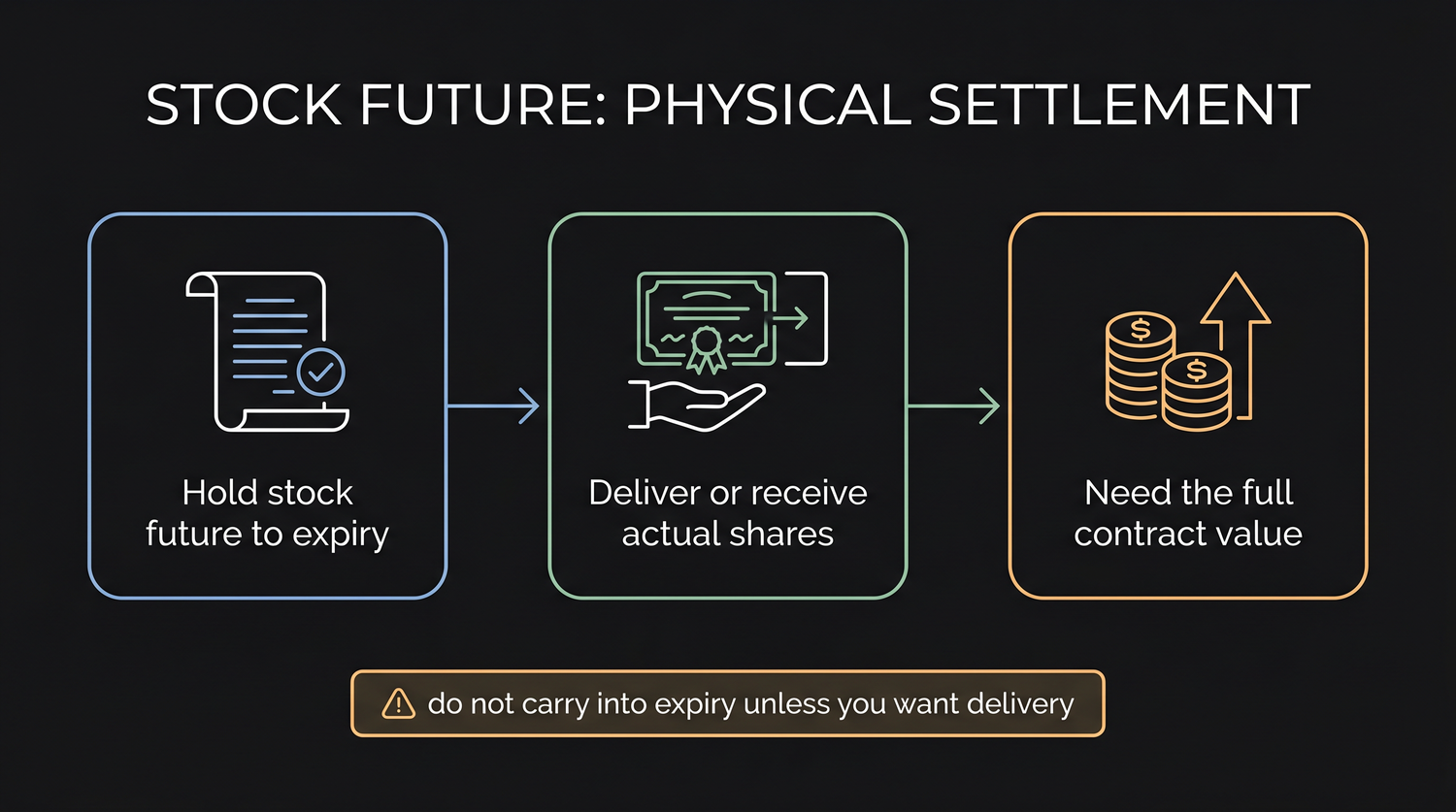 At expiry a single-stock future converts into a real exchange of assets: the buyer must pay the full contract value of about Rs 6,59,000 in cash and receives 500 RELIANCE shares into demat, while the seller must deliver those actual shares, so neither side can settle on the small margin alone.