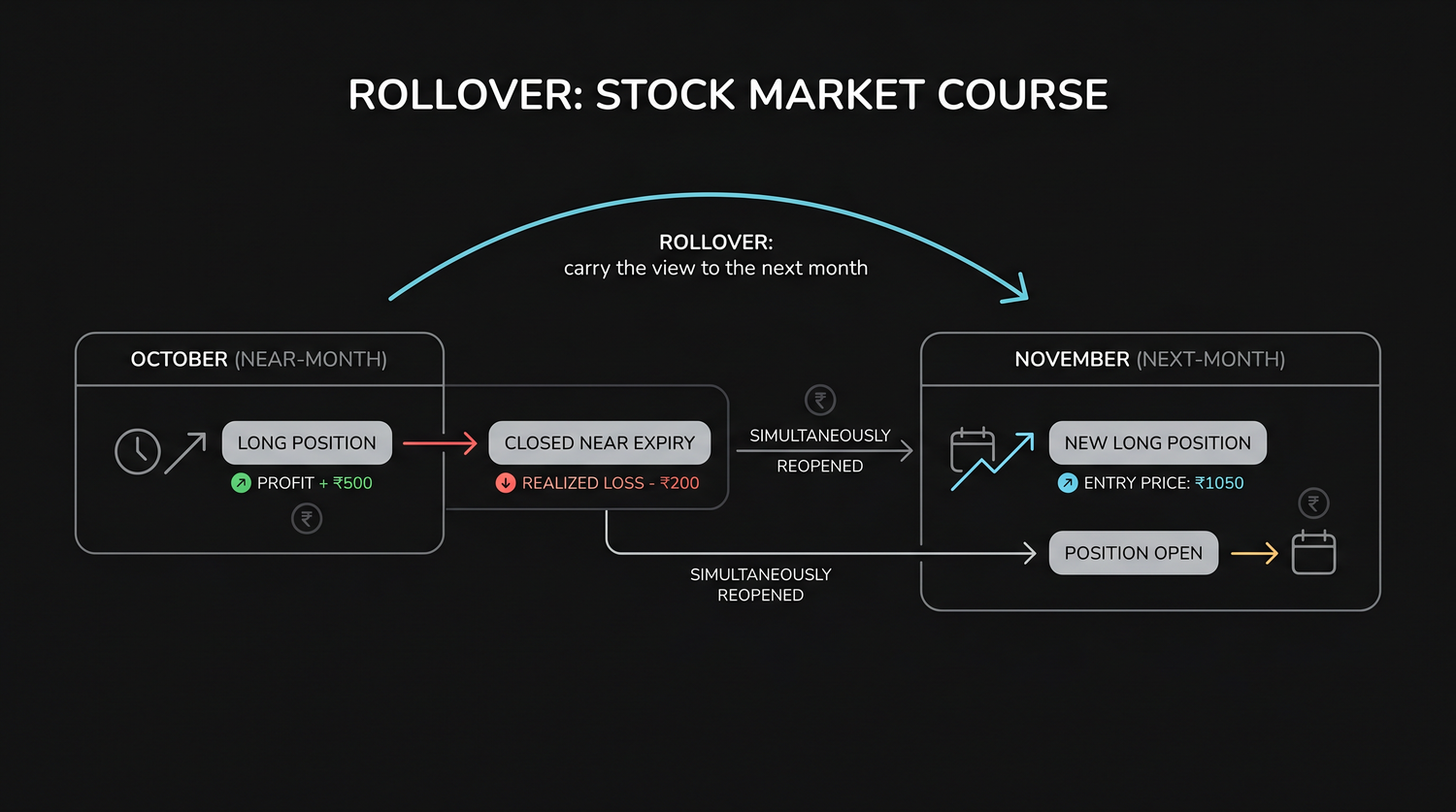 A rollover closes the expiring near month contract and opens the same position in the next month, carrying your market view forward across the expiry without ever going flat.