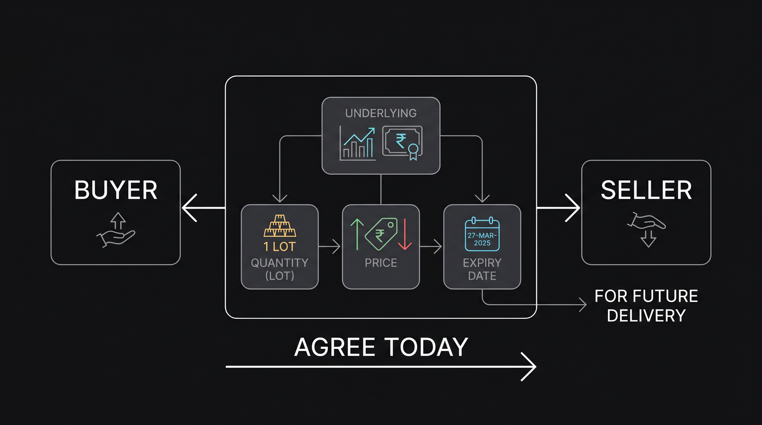The skeleton of every futures contract is a deal between a buyer and a seller that fixes the underlying, the agreed price, the lot size and the expiry date today, for settlement later.