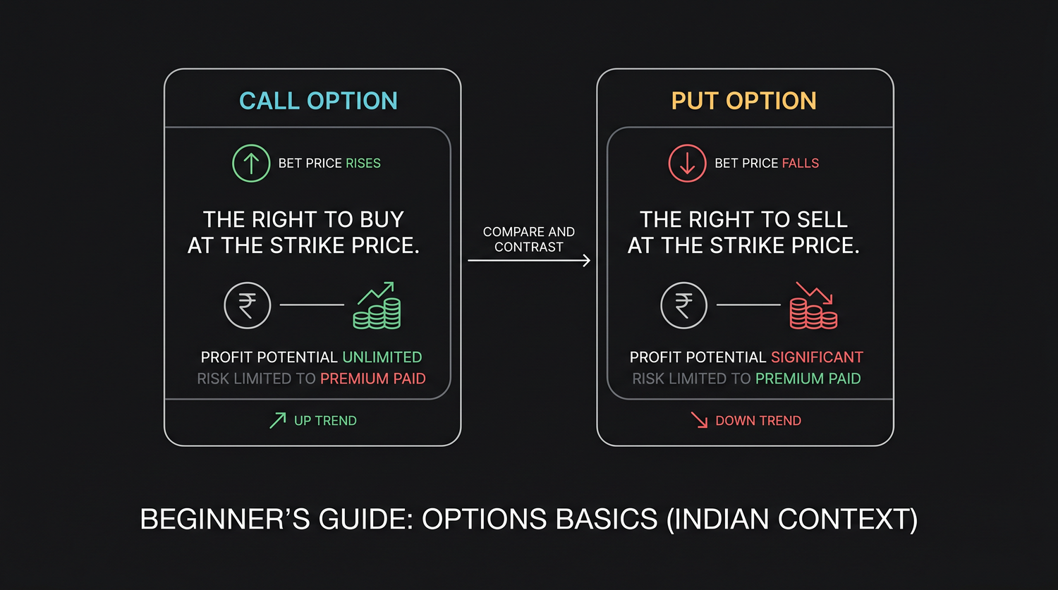 A call is the right to buy and profits when the price rises, while a put is the right to sell and profits when the price falls, shown side by side.