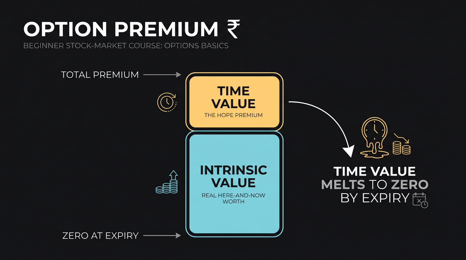 The Rs 31 premium drawn as a stacked bar: a thin band of intrinsic value at the bottom and a thick band of time value on top, with the time-value band melting away as expiry approaches.