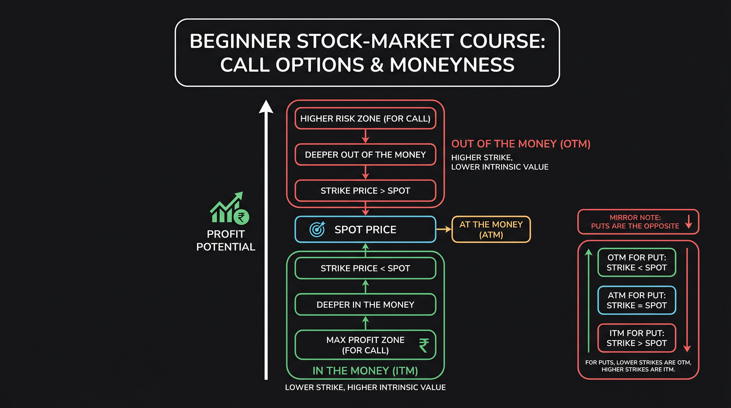 The moneyness ladder for a call: strikes below the current price are in-the-money with real worth, the strike at the price is at-the-money, and strikes above it are out-of-the-money and all hope.