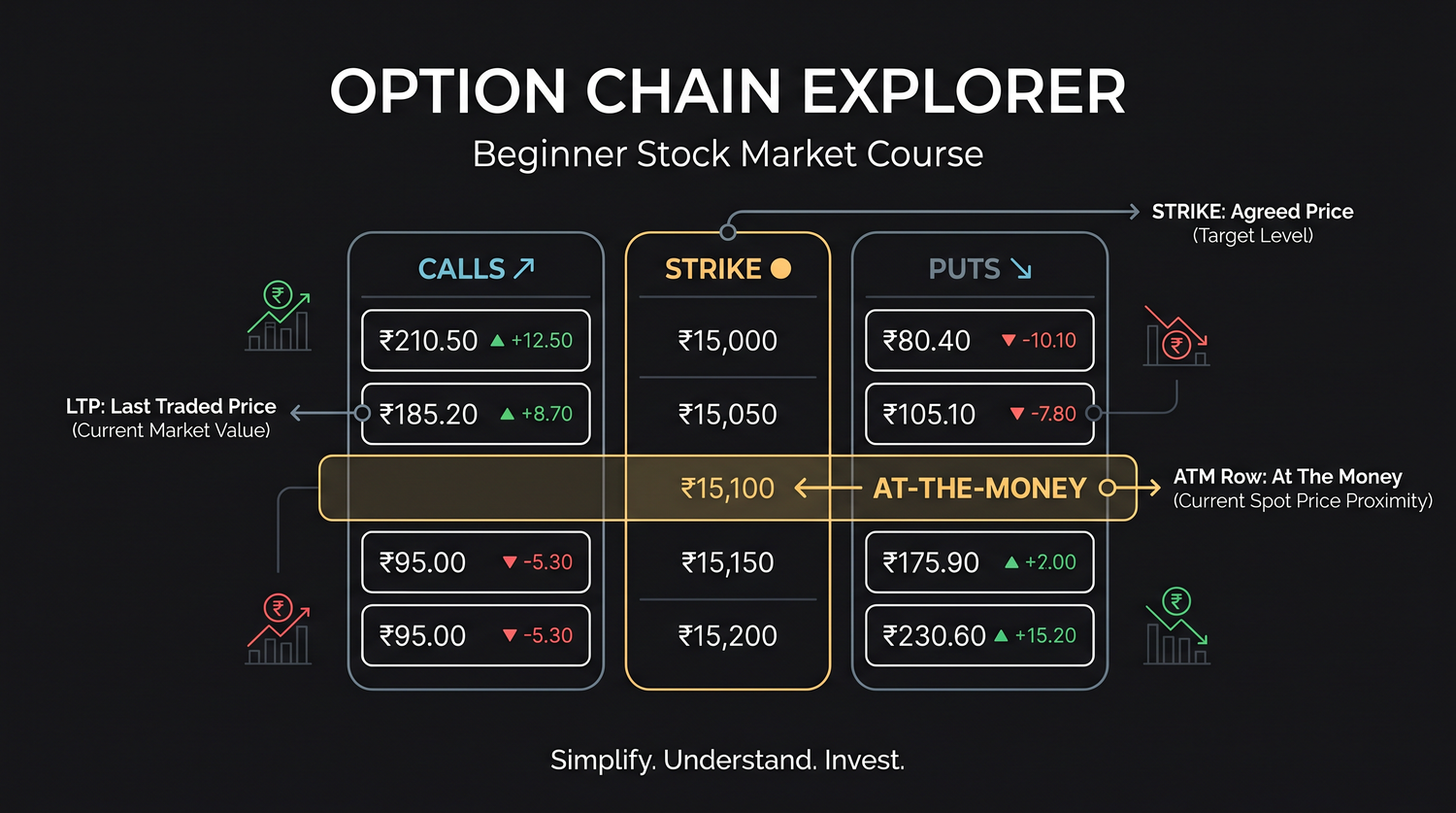 The option chain laid out in three zones: calls on the left, strike prices down the centre spine, and puts on the right, with the at-the-money row near spot 1320 highlighted.