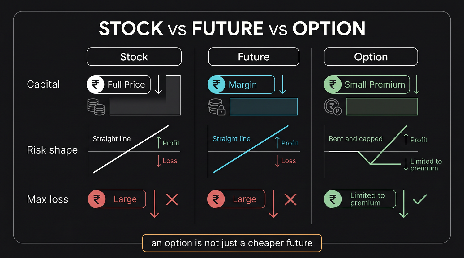 The same bet on RELIANCE expressed three ways, showing the straight, symmetric line of a stock and a future against the bent, asymmetric, capped-loss payoff of a long option.