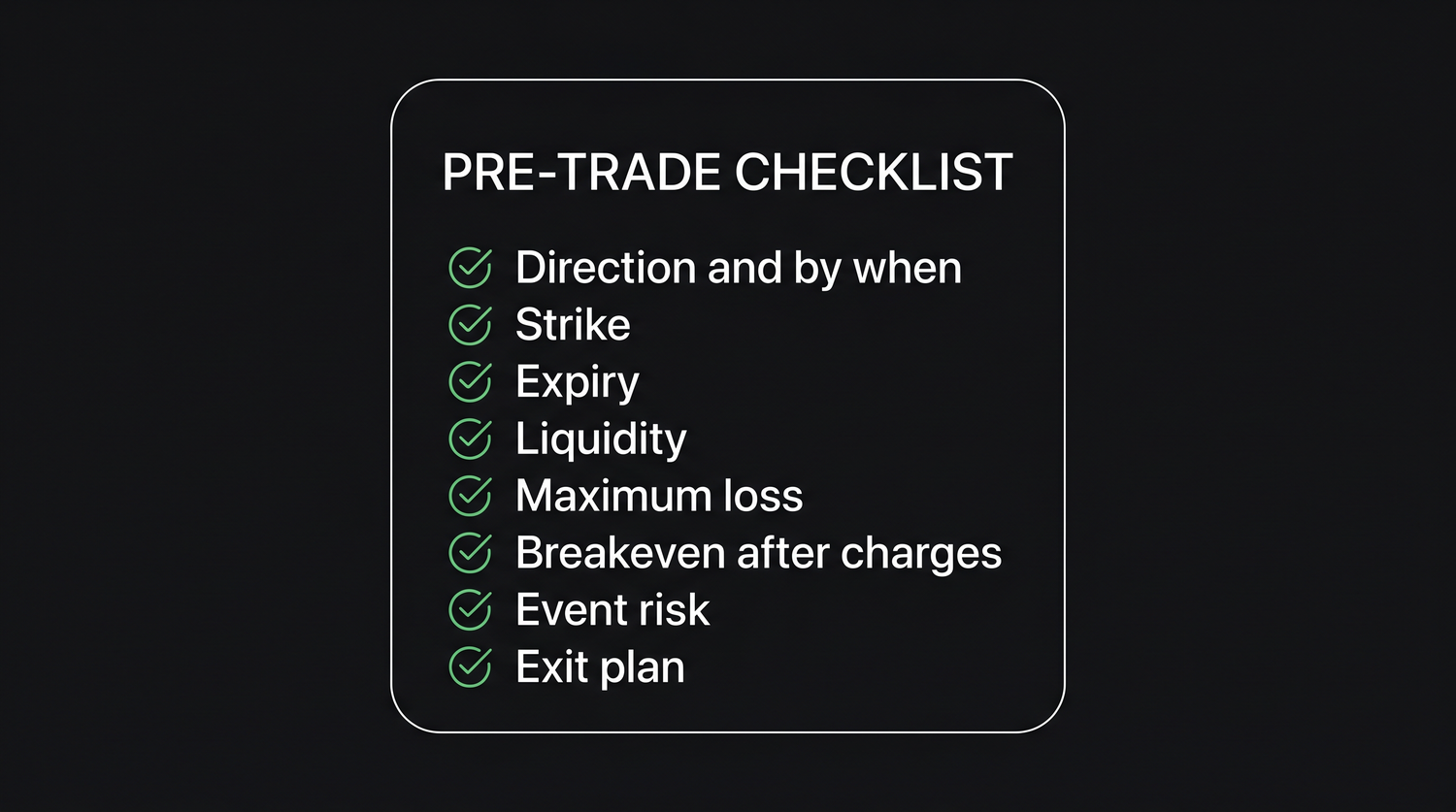 The eight pre-trade checks laid out as one clean column, from direction at the top to an exit plan at the bottom, the discipline to run before every option order.