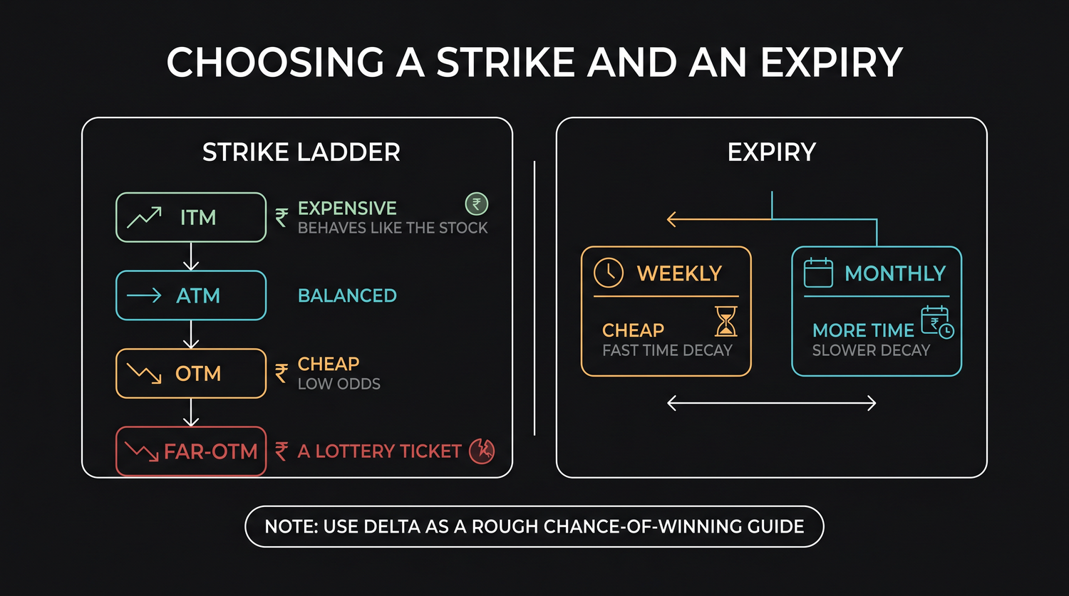 The two dials of every option trade: a strike dial running from deep in-the-money through at-the-money to far out-of-the-money, and an expiry dial running from a fast-decaying weekly to a slower monthly, with liquidity as the filter sitting over both.