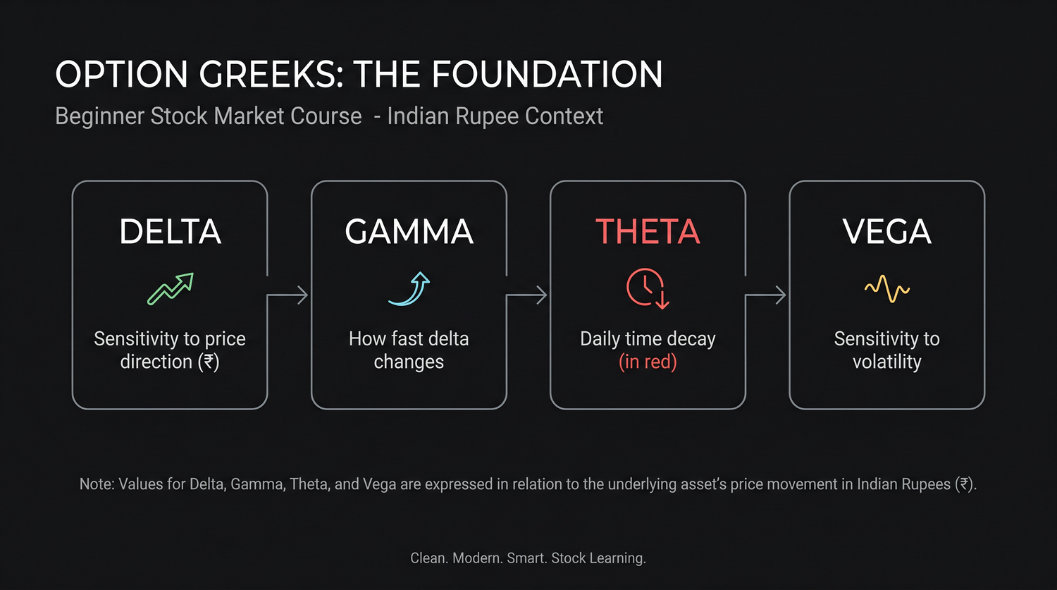 The four Greeks as labelled boxes: delta for the move per rupee, gamma for how fast delta shifts, theta for the daily time bleed, and vega for sensitivity to changing implied volatility.