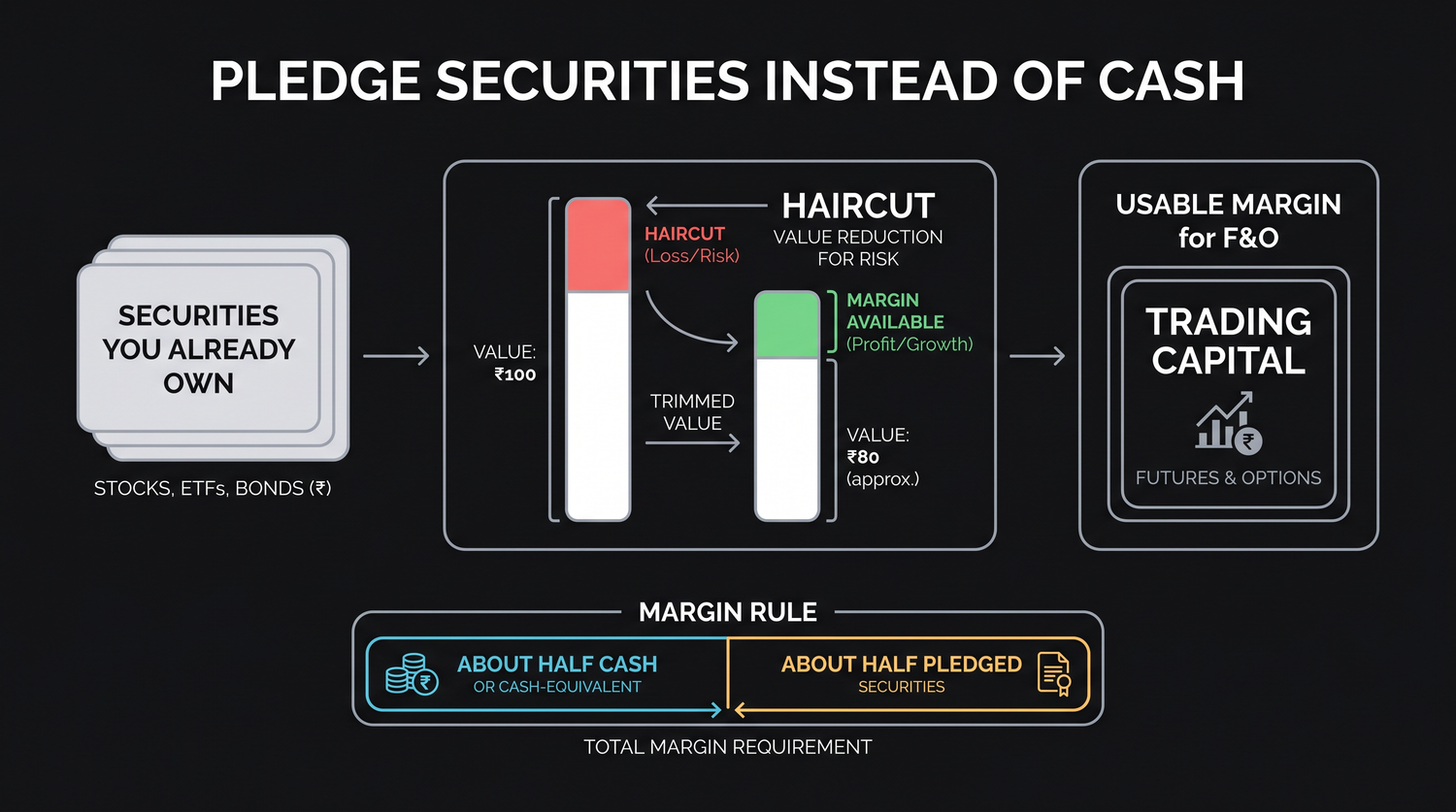 Pledging lets a security you already own stand as margin, the exchange trims its market value by a haircut, and the reduced amount becomes usable margin, with a rule that roughly half of the total margin must still be met by cash or cash-equivalents.
