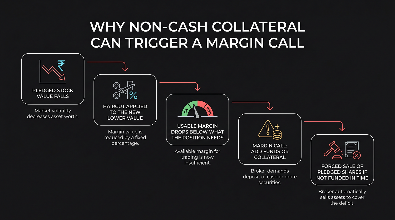 The risk of pledging volatile stock: if its price falls, the haircut is applied to the new lower value, your usable margin drops below what the position needs, the broker issues a margin call, and if you cannot fund it the pledged shares are sold to cover the shortfall.