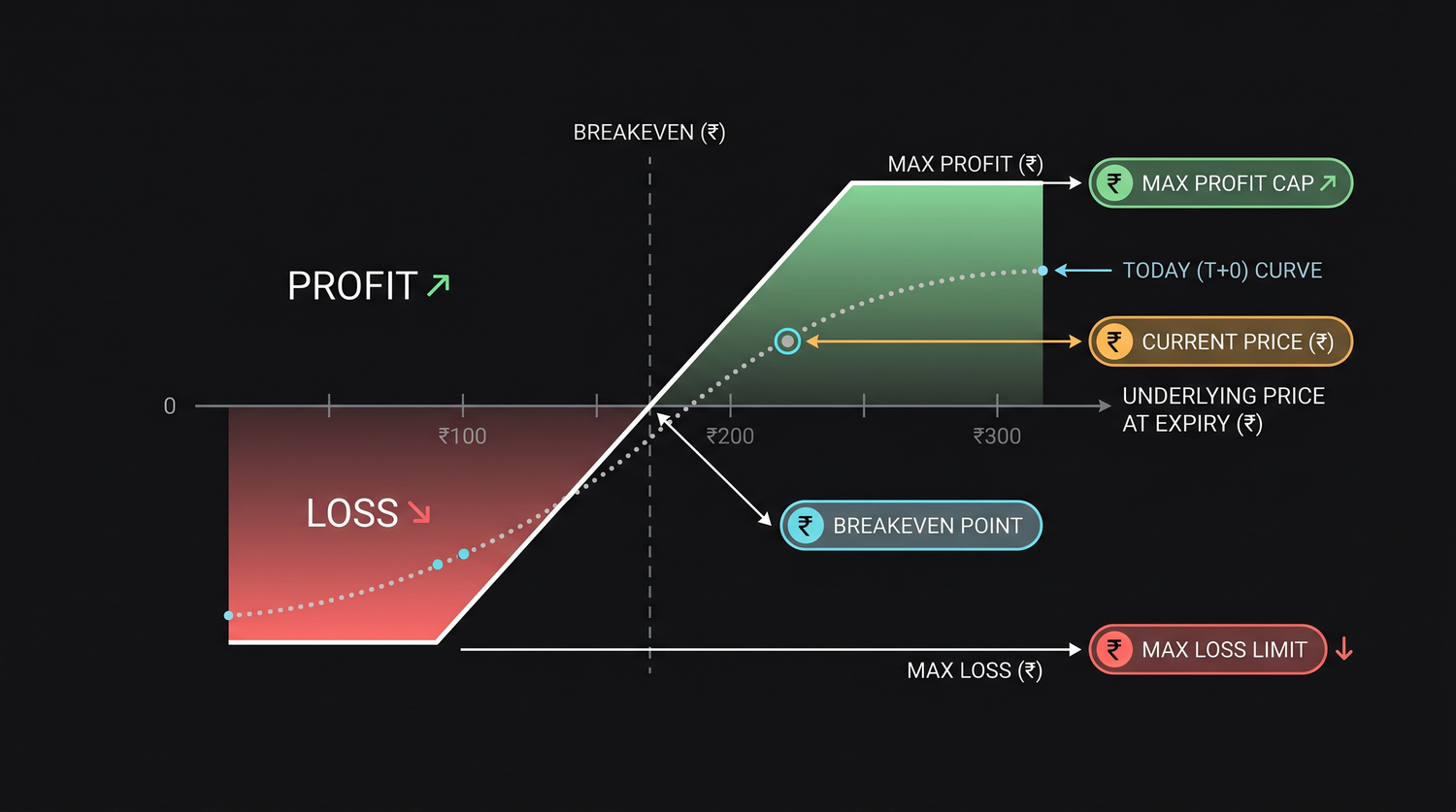 The breakeven sits where the solid expiry line crosses zero, the maximum profit is the highest shelf, and the maximum loss is the lowest floor, all read straight off the chart.