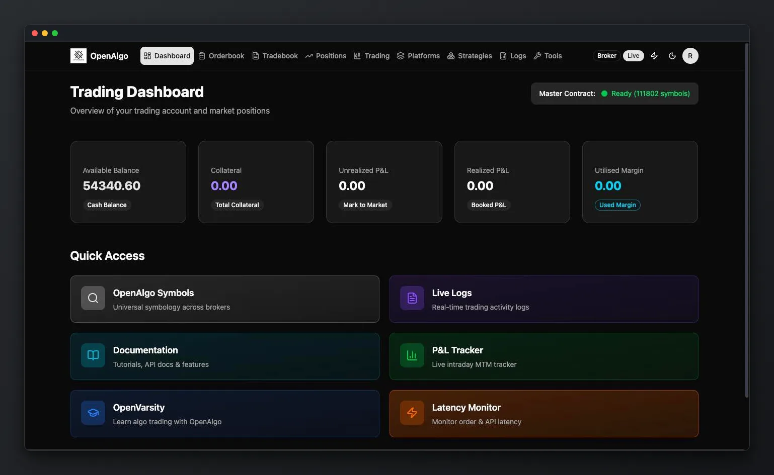 OpenAlgo trading dashboard with account summary cards and quick access tools
