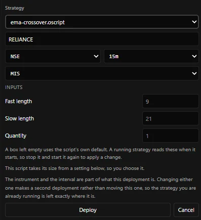 The form for deploying a strategy with instrument, exchange, interval, product and inputs