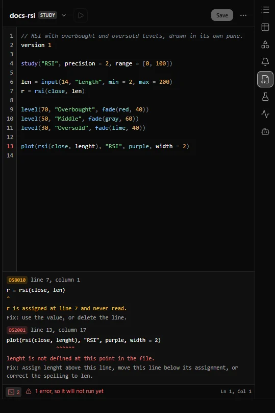 The Scripts panel console listing a compile error with its line, code and fix