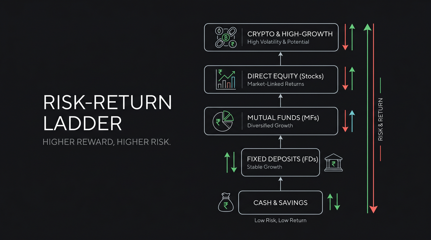 The risk-return ladder - from safe, slow cash at the bottom to high-return, high-volatility equity and crypto at the top; reward and risk rise together, rung by rung
