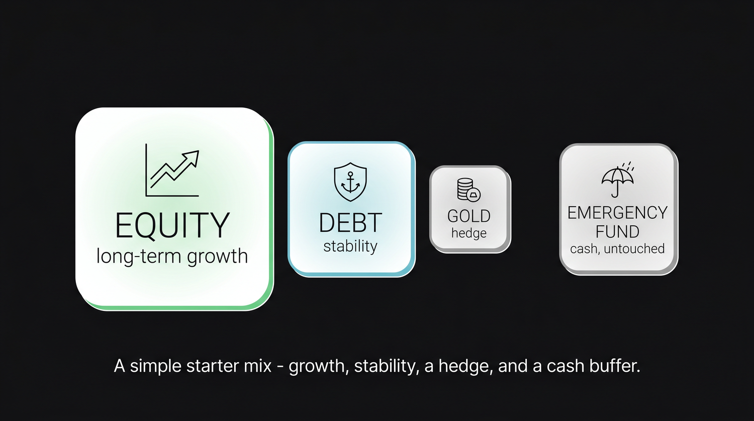 A simple illustrative asset mix - a large equity slice for long-term growth, a debt cushion for stability, and a small gold hedge, with an untouched emergency fund in cash