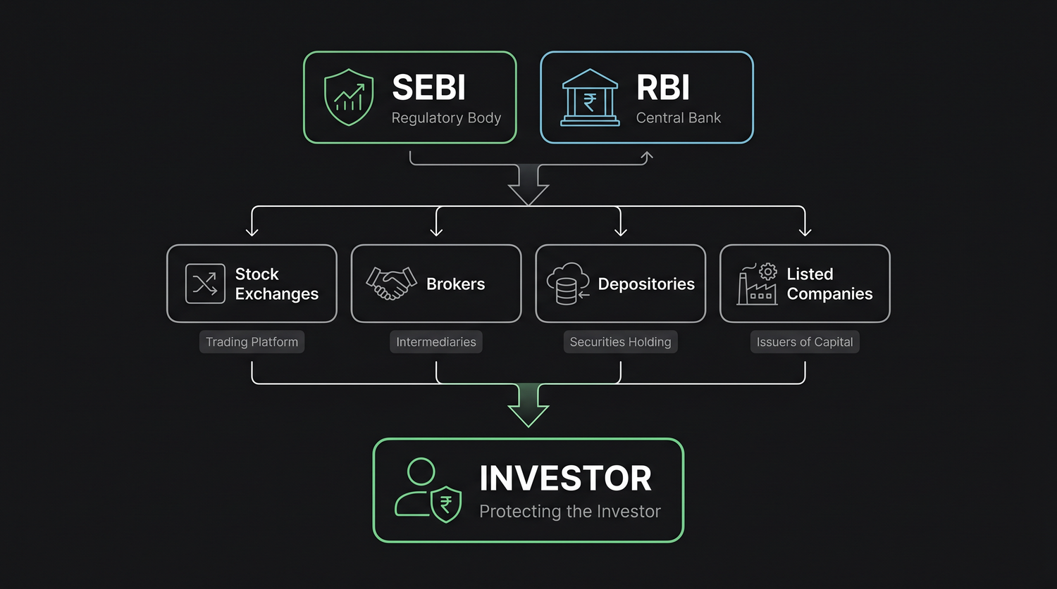 The regulatory hierarchy - SEBI and the RBI at the top, overseeing the exchanges, brokers, depositories and listed companies, all in service of protecting the investor at the base