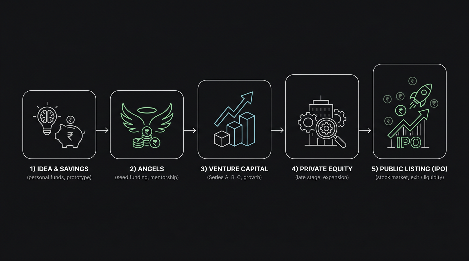 The funding ladder - from an idea and the founder's own savings, up through angels and venture capital rounds, into private equity, and finally a public listing