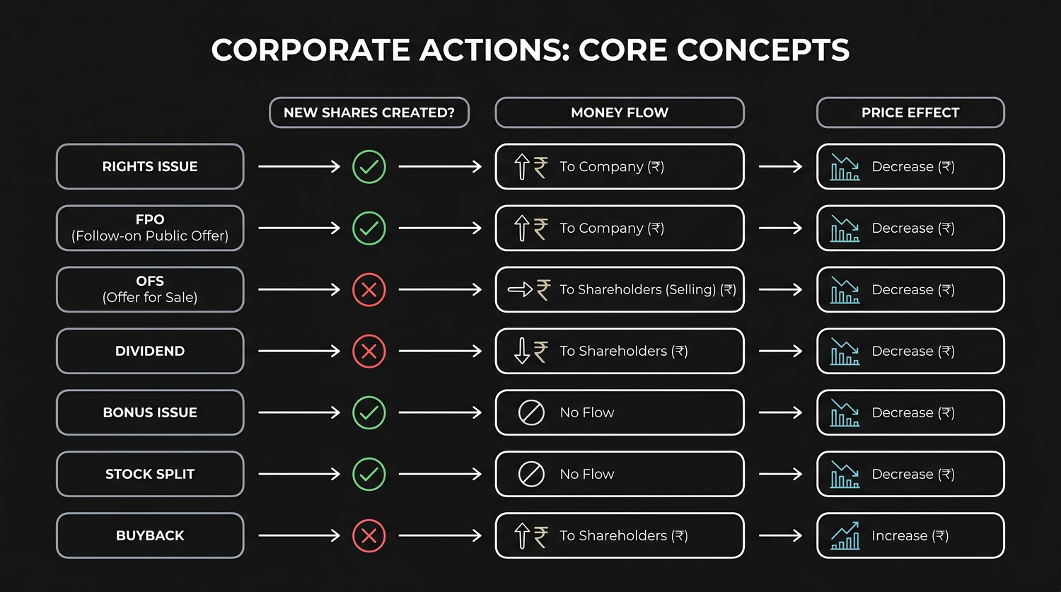 A comparison grid of the corporate actions - rights, FPO, OFS, dividend, bonus, split and buyback - showing for each whether new shares are created, where the money flows, and the effect on price