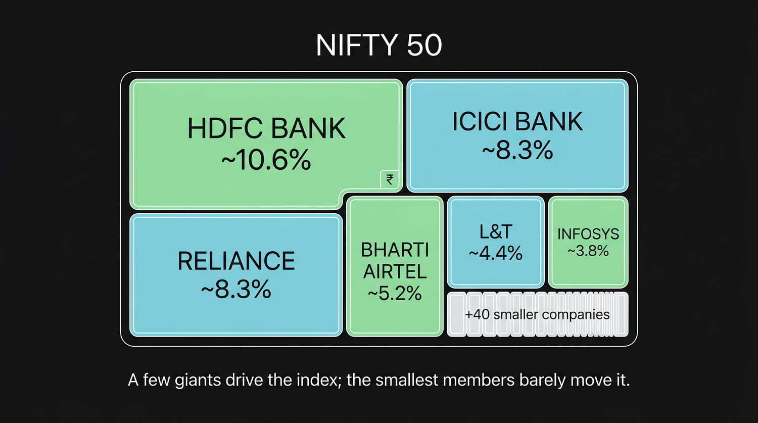 The Nifty 50 drawn as a weighted basket - heavyweights like HDFC Bank, ICICI Bank and Reliance fill most of the space, while the smallest members are slivers