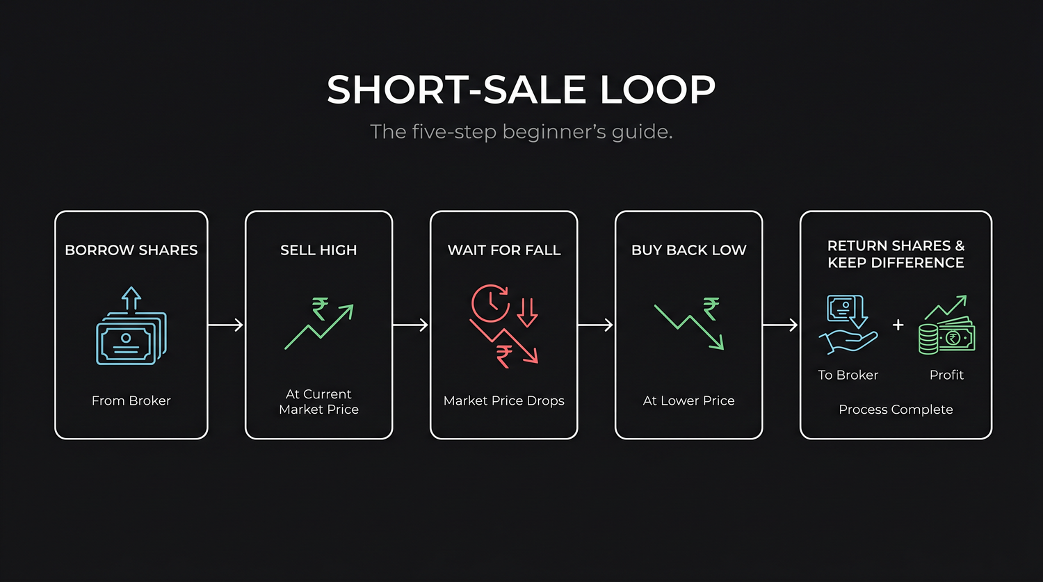 The five-step short-sale loop - borrow shares, sell high, wait for the fall, buy back low, return the shares, and keep the difference