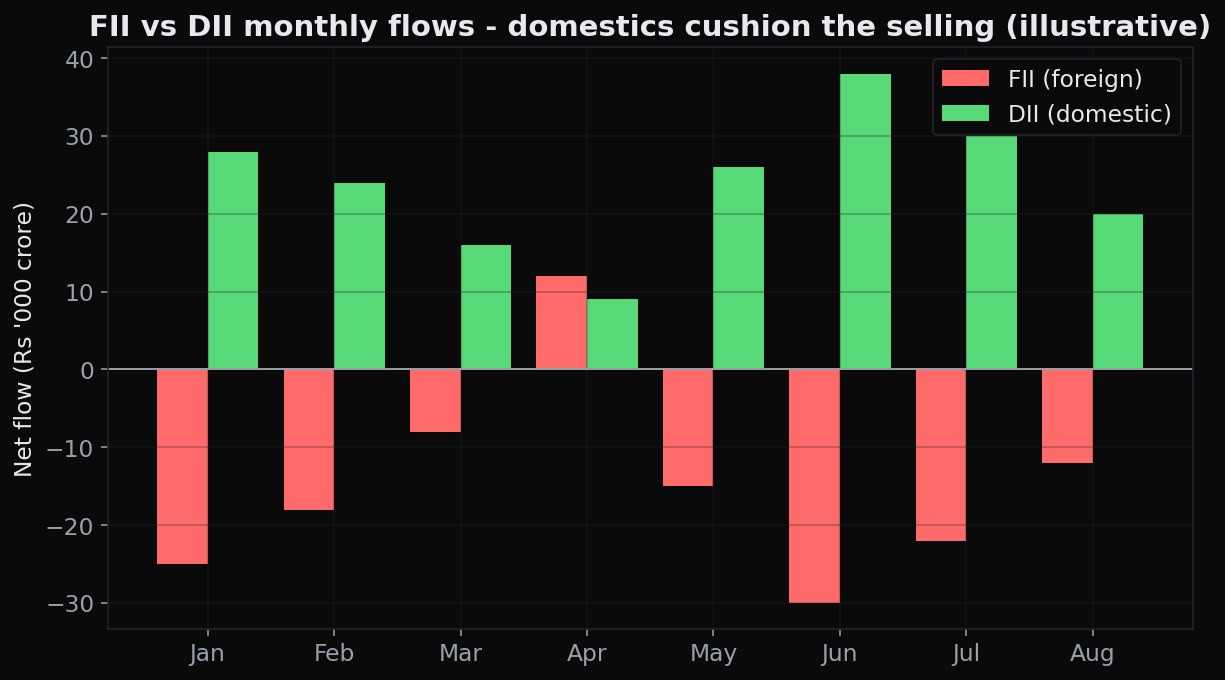 Illustrative monthly FII vs DII flows - foreign investors selling while domestic institutions and SIP money keep buying, cushioning the market (approximate, for illustration)