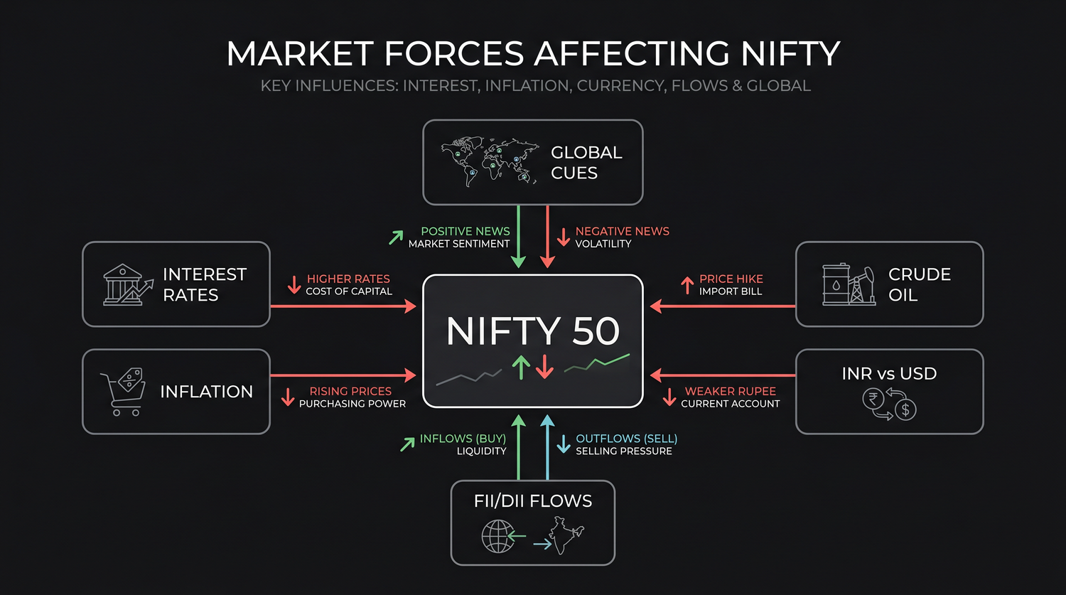 The big forces leaning on the market - interest rates, inflation, crude oil, the rupee, FII/DII flows and global cues, all pushing on the Nifty at once