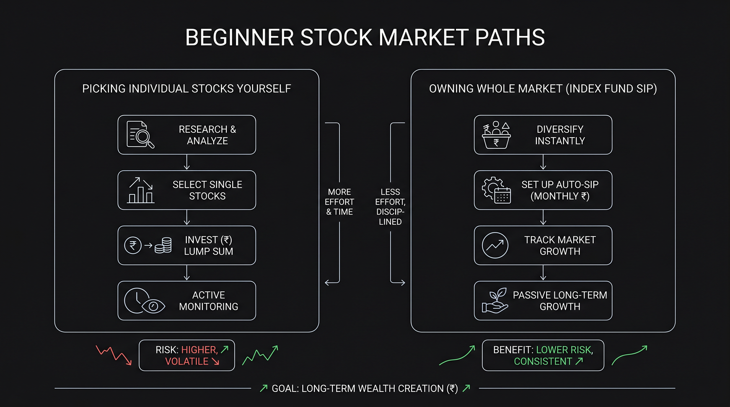 The two beginner paths side by side - picking individual stocks yourself versus owning the whole market through an index-fund SIP