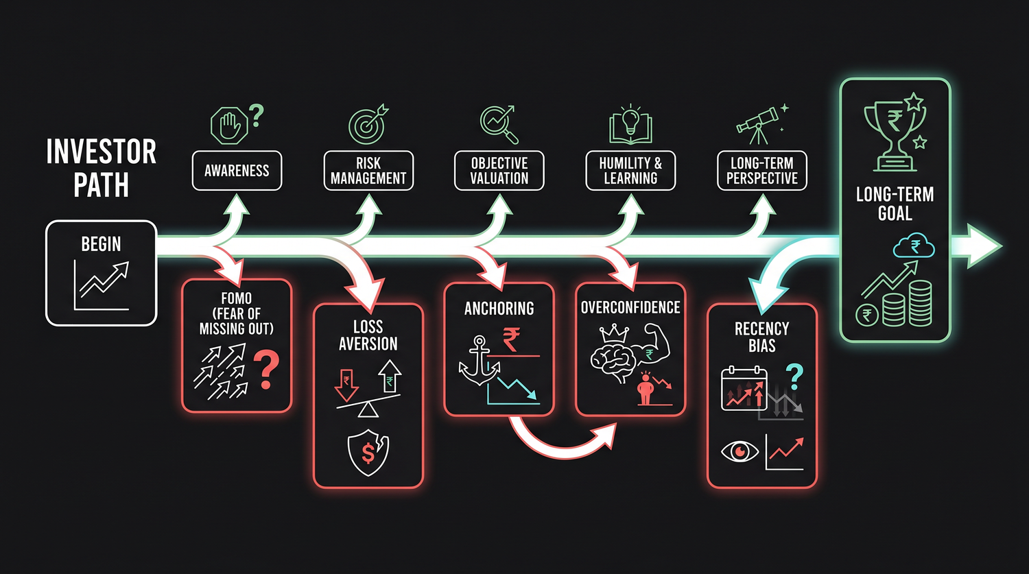 The main behavioural traps drawn as labelled pitfalls on an investor's path - FOMO, loss aversion, anchoring, overconfidence and recency bias - each one a place where emotion quietly overrides the plan