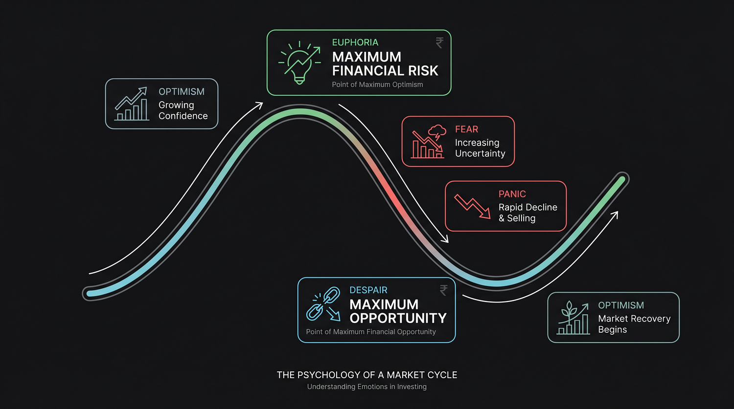 The psychology of a market cycle - optimism builds to euphoria at the very top (the point of maximum financial risk), then slides through fear and panic to despair at the bottom (the point of maximum opportunity)