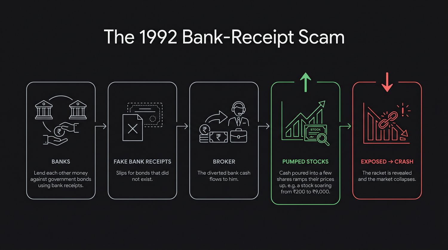 How the 1992 bank-receipt scam worked - fake bank receipts let money flow from banks to the broker, who poured it into a few stocks to ram up their prices, until the exposure triggered a market crash