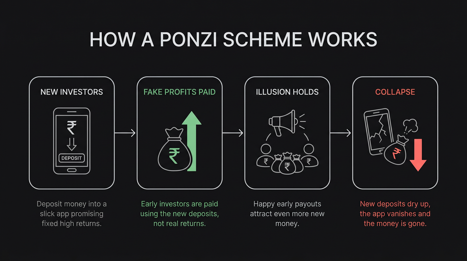 How a Ponzi or guaranteed-return scheme works - new investors' deposits are used to pay fake profits to earlier ones, sustaining the illusion until fresh money dries up and the whole scheme collapses