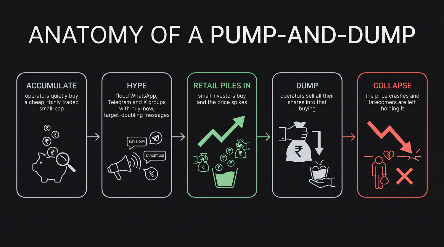 Anatomy of a pump-and-dump - operators quietly accumulate a cheap small-cap, hype it across WhatsApp and Telegram, retail investors pile in and lift the price, then the operators dump their shares and the price collapses