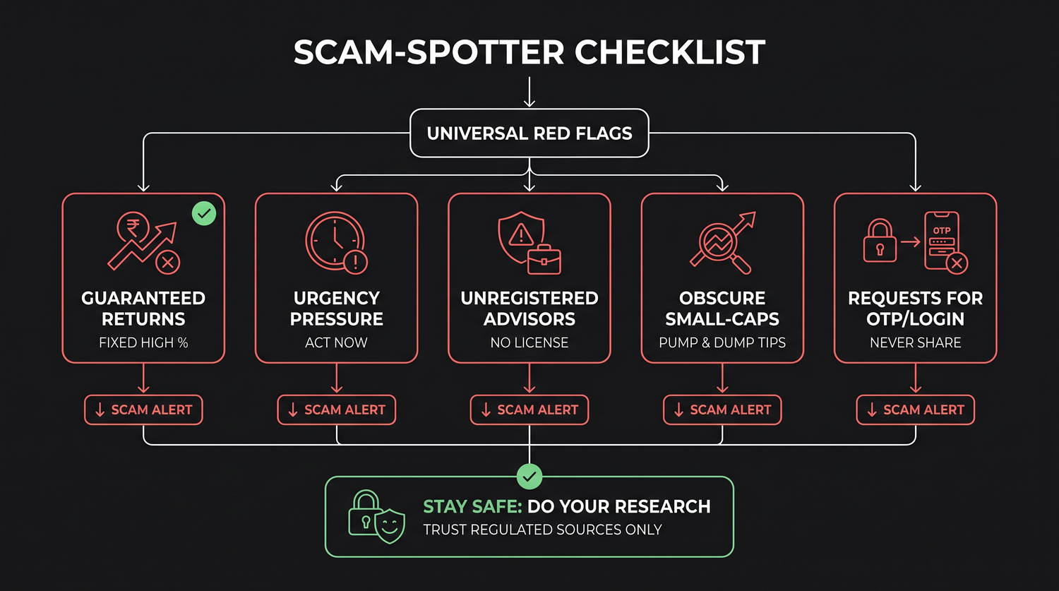 A scam-spotter checklist of universal red flags - guaranteed or fixed high returns, pressure to act now, unregistered advisors, tips on obscure small-caps, and requests for your OTP or login