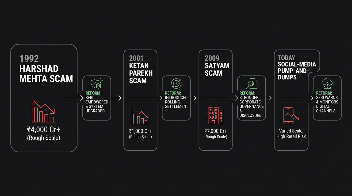 A timeline of India's biggest market scams from Harshad Mehta in 1992 to today's social-media pump-and-dumps, each marked with its rough scale and the reform it triggered