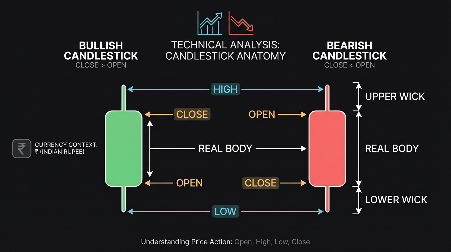 The anatomy of a candle: the thick body spans the open-to-close range, the wicks (or shadows) reach up to the high and down to the low. A green body closes above its open; a red body closes below. Body size shows conviction; wick length shows rejection.