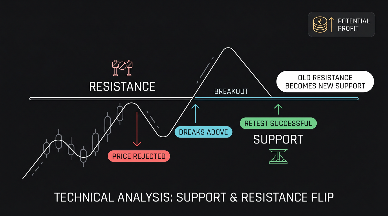 Role reversal: a resistance ceiling that price finally breaks above tends to become a support floor on the pullback, the same level, its role flipped, because the traders trapped above it are now made whole and defend it.