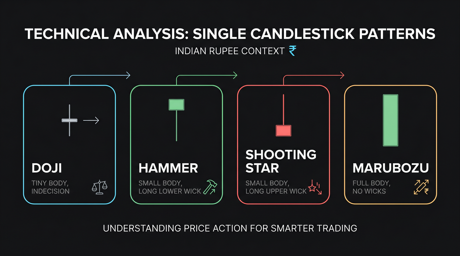 The single-candle vocabulary side by side: a doji (tiny body, indecision), a hammer (long lower wick at a low), a shooting star (long upper wick at a high), a marubozu (full body, no wicks, total conviction) and a spinning top (small body between two wicks)