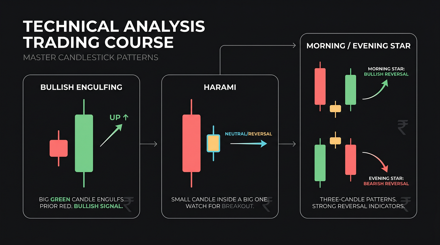 The two- and three-candle vocabulary: bullish and bearish engulfing, the harami (inside candle), morning and evening stars, three white soldiers and three black crows, and tweezer tops and bottoms
