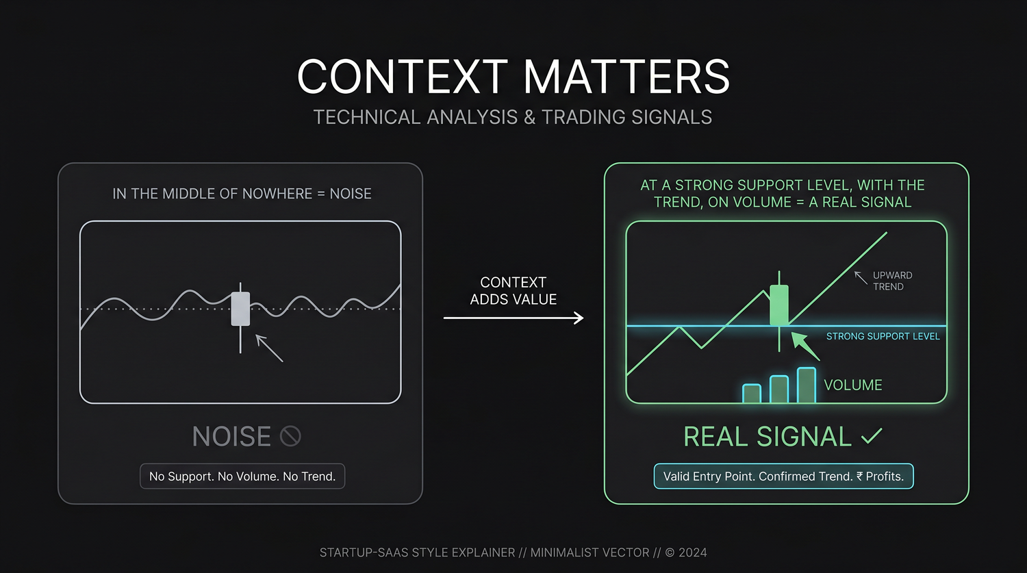 The same bullish reversal candle in two settings: floating in the middle of a sideways drift (ignore it) versus forming at tested support, in line with the higher trend, on a volume spike (a real setup). Context, not the candle, decides