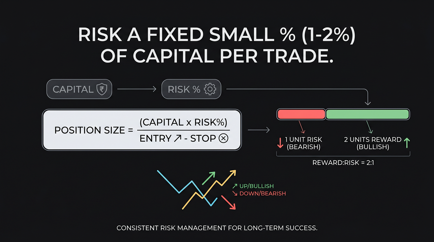 Position sizing works backward from risk: fix the loss you can accept (1-2% of capital), measure the distance from entry to stop, and divide. A wider stop forces fewer shares and a tighter stop allows more, but the rupees at risk stay constant. Size is the output of the stop, never a number you pick first.