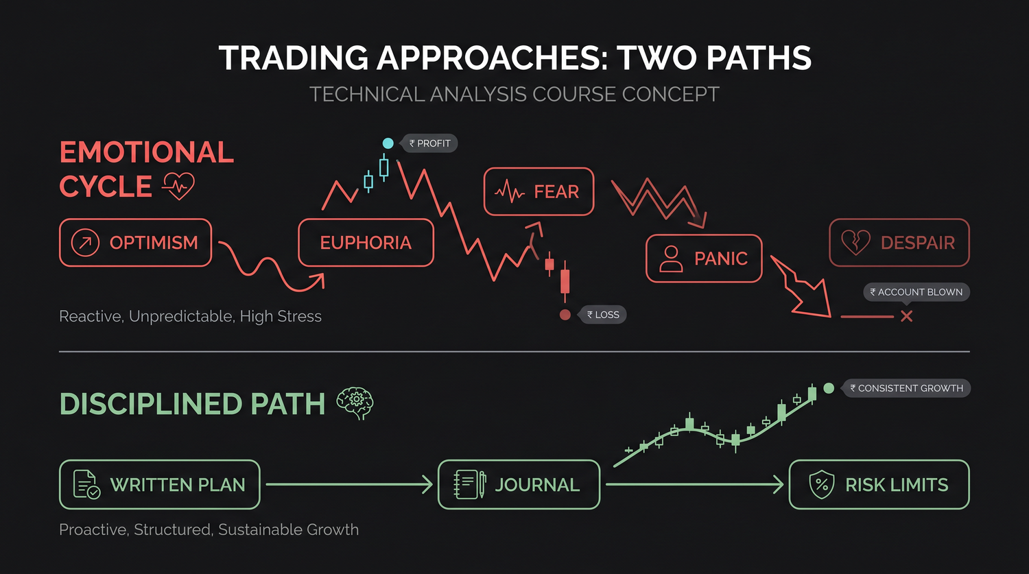 The discipline loop: a written plan sets the rules before the trade, execution follows them during, and the journal reviews them after, grading each trade on whether you followed the plan, not on whether it won. Fear, greed and FOMO are the forces this loop is built to resist.